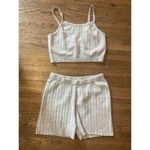 Wilt Ribbed Knit 2 Piece Lounge Set Oatmeal Beige Crop Top Shorts Womens Medium‎